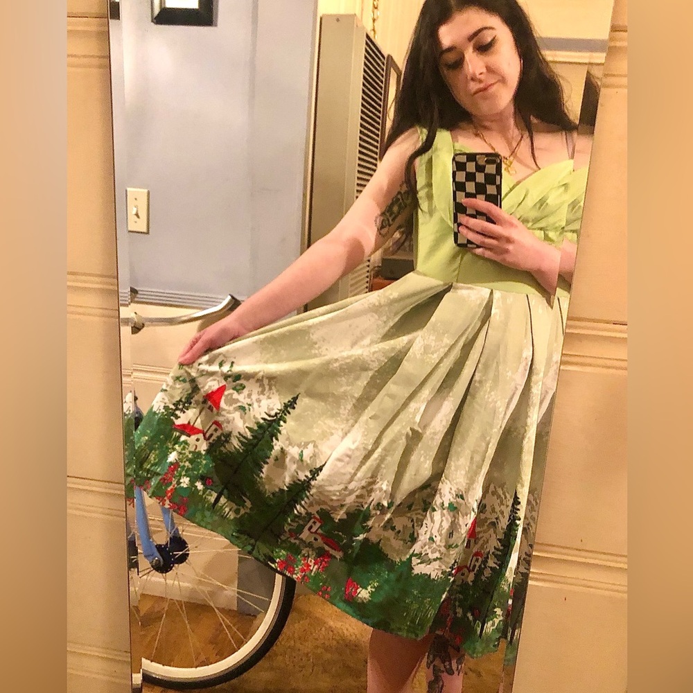 Vintage Pinup Green Magical Forest Scene Swing Dress